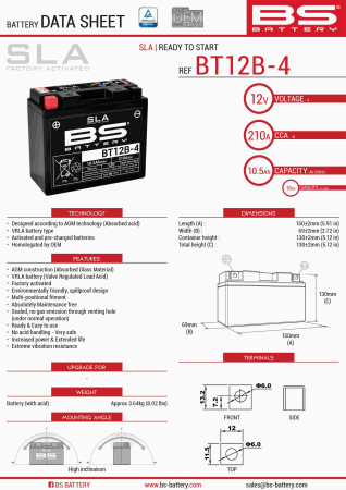 Baterii - BS BATTERY - acumulator BT12B-4 (FA) (YT12B-4), 12V, 10Ah, 175A, 151x70x130 mm, fara intretinere, activat de fabrica