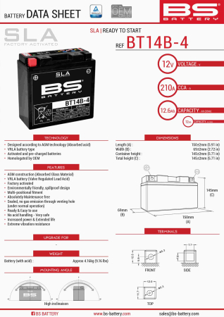 CONSUMABILE SI INTRETINERE - BS BATTERY - acumulator BT14B-4 (FA) (YT14B4), 12V, 12Ah, 210A, 150x69x145 mm, fara intretinere, activat de fabrica