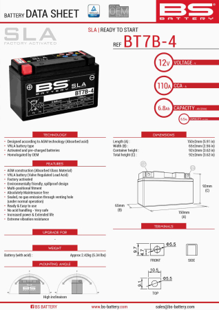 Baterii - BS BATTERY - acumulator BT7B-4 (FA) (YT7B4), 12V, 6.5Ah, 85A, 148x64x90 mm, fara intretinere, activat de fabrica