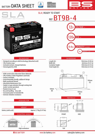 CONSUMABILE SI INTRETINERE - BS BATTERY - acumulator BT9B-4 (FA) (YT9B-4), 12V, 8Ah, 115A, 150x69x105 mm, fara intretinere, activat de fabrica
