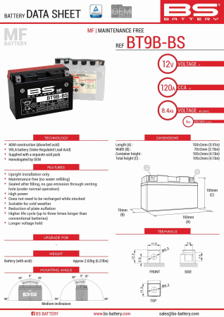Baterii - BS BATTERY - acumulator BT9B-BS (YT9B-BS), 12V, 8Ah, 120A, 150x70x105 mm, fara intretinere, 
