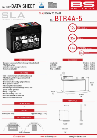 Baterii - BS BATTERY - acumulator BTR4A-5 (FA ) (YTR4A-BS), 12V, 2.3Ah, 35A, 113x48x85 mm, fara intretinere, activat de fabrica