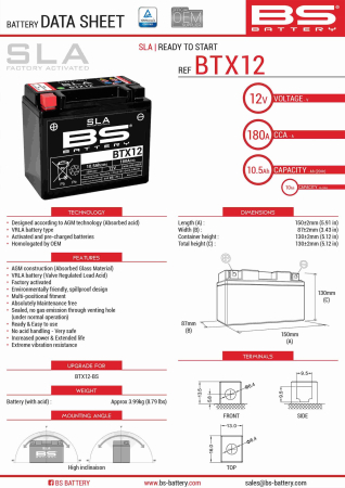 Baterii - BS BATTERY - acumulator BTX12 (FA) (YTX12-BS), 12V, 10Ah, 180A, 152x88x131 mm, fara intretinere, activat de fabrica