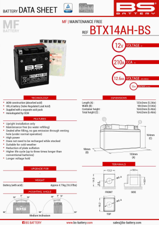 CONSUMABILE SI INTRETINERE - BS BATTERY - acumulator BTX14AH-BS (YTX14AH-BS), 12V, 14Ah, 210A, 134x89x166 mm, fara intretinere, 
