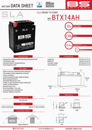 Baterii - BS BATTERY - acumulator BTX14AH (FA) (YTX14AH-BS), 12V, 14Ah, 210A, 135x90x167 mm, fara intretinere, activat de fabrica