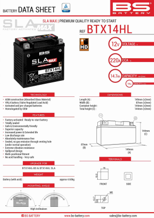 CONSUMABILE SI INTRETINERE - BS BATTERY - acumulator BTX14HL MAX (FA) (YTX14L-BS), 12V, 14Ah, 220A, 149x87x144 mm, fara intretinere, activat de fabrica, inlocuieste 300856