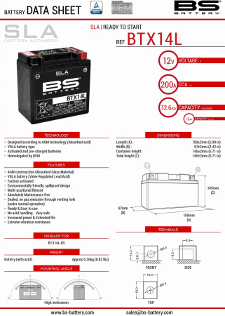 Baterii - BS BATTERY - acumulator BTX14L (FA) (YTX14L-BS), 12V, 12Ah, 200A, 150x87x145 mm, fara intretinere, activat de fabrica