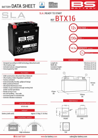 Baterii - BS BATTERY - acumulator BTX16 (FA) (YTX16-BS), 12V, 14Ah, 230A, 152x88x161 mm, fara intretinere, activat de fabrica