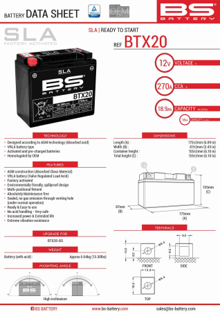 Baterii - BS BATTERY - acumulator BTX20 (FA) (YTX20-BS), 12V, 18Ah, 270A, 175x87x155 mm, fara intretinere, activat de fabrica