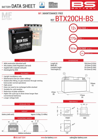 Baterii - BS BATTERY - acumulator BTX20CH-BS (YTX20CH-BS, YTX20A-BS), 12V, 18Ah, 270A, 150x87x161 mm, fara intretinere, 
