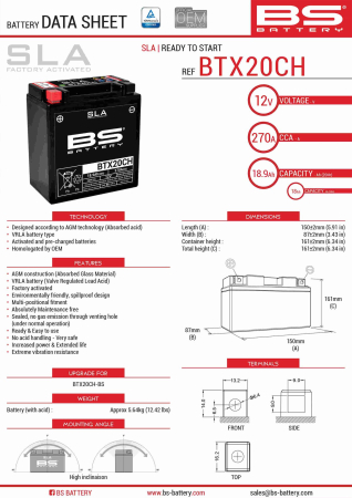 Baterii - BS BATTERY - acumulator BTX20CH (FA) (YTX20CH-BS, YTX20A-BS), 12V, 18Ah, 270A, 150x87x161 mm, fara intretinere, activat de fabrica