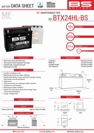 Baterii - BS BATTERY - acumulator BTX24HL-BS (YTX24HL-BS), 12V, 21Ah, 350A, 205x87x162 mm, fara intretinere, 