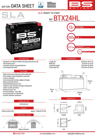 Baterii - BS BATTERY - acumulator BTX24HL (FA) (YTX24HL-BS), 12V, 21Ah, 350A, 205x87x162 mm, fara intretinere, activat de fabrica, inlocuieste 300755