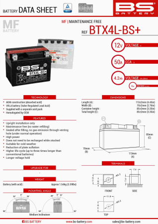 Baterii - BS BATTERY - acumulator BTX4L-BS+ (YTX4L-BS), 12V, 4Ah, 50A, 113x70x85 mm, fara intretinere, , capacitate marita, inlocuieste 300819