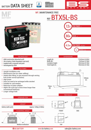 Baterii - BS BATTERY - acumulator BTX5L-BS (YTX5L-BS), 12V, 4Ah, 70A, 114x71x106 mm, fara intretinere, 
