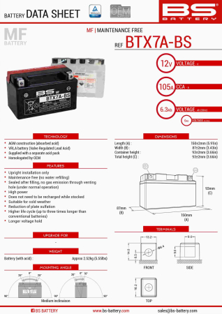 Baterii - BS BATTERY - acumulator BTX7A-BS (YTX7A-BS), 12V, 6Ah, 90A, 152x88x94 mm, fara intretinere, 
