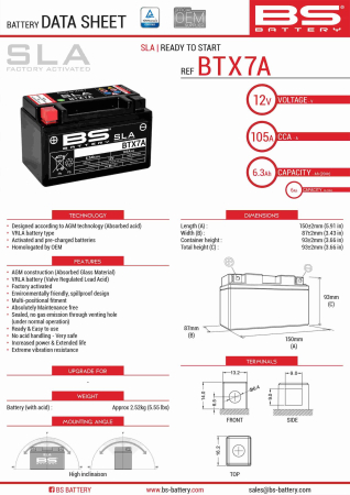 Baterii - BS BATTERY - acumulator BTX7A (FA) (YTX7A-BS), 12V, 6Ah, 90A, 152x88x94 mm, fara intretinere, activat de fabrica