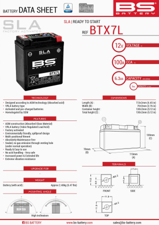 Baterii - BS BATTERY - acumulator BTX7L (FA) (YTX7L-BS), 12V, 6Ah, 100A, 113x70x130 mm, fara intretinere, activat de fabrica