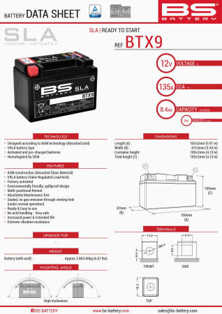 Baterii - BS BATTERY - acumulator BTX9 (FA) (YTX9-BS), 12V, 8Ah, 120A, 152x88x106 mm, fara intretinere, activat de fabrica