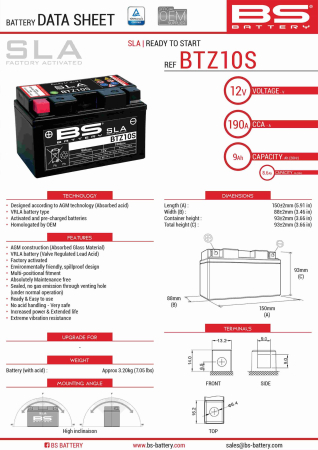 Baterii - BS BATTERY - acumulator BTZ10S (FA) (YTZ10S), 12V, 8.6Ah, 190A, 150x86x95 mm, fara intretinere, activat de fabrica