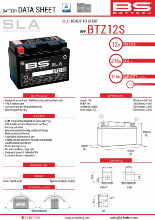 Baterii - BS BATTERY - acumulator BTZ12S (FA) (YTZ12S), 12V, 11Ah, 210A, 150x86x110 mm, fara intretinere, activat de fabrica