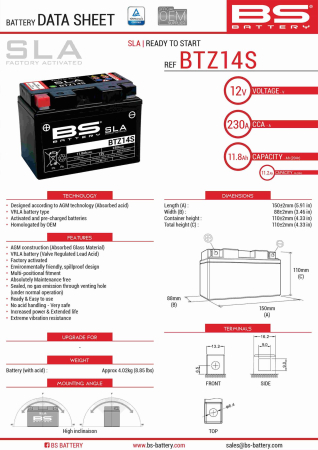 Baterii - BS BATTERY - acumulator BTZ14S (FA) (YTZ14S), 12V, 11.2Ah, 230A, 150x86x110 mm, fara intretinere, activat de fabrica