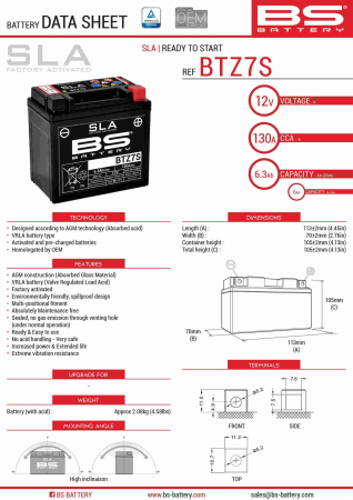 Baterii - BS BATTERY - acumulator BTZ7S (FA) (YTZ7S), 12V, 6Ah, 130A, 112x69x103 mm, fara intretinere, activat de fabrica
