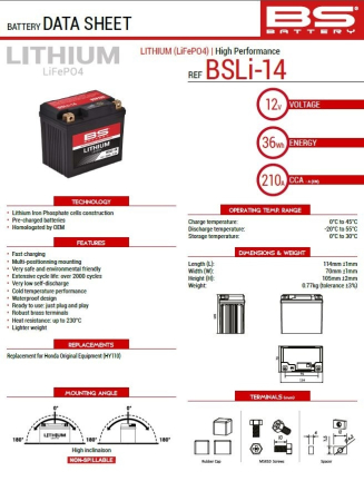 CONSUMABILE SI INTRETINERE - BS BATTERY - acumulator LiFePO4 BSLI-14 cu indicator de incarcare, 12.8V, 3Ah, 36Wh, 210A, 114x70x105 mm, echivalent OEM   HY110