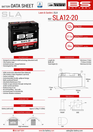 Baterii - BS BATTERY - acumulator SLA12-20 (FA) (SLA12-18), SLA, 12V, 20Ah, 180A, 182x77x168 mm, fara intretinere, activat de fabrica