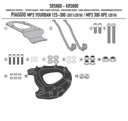 ACCESORII - KAPPA - suport top case PIAGGIO MP3 YOURBAN 125/300, HPE 300 '11-'24 (cu placă MONOKEY)