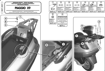Suporturi și plăci - KAPPA - suport top case PIAGGIO X9 125-180-250 (00-02), X9 200-250-500 EVOLUTION (03-08), X9 500 (01-02) (fără placă)