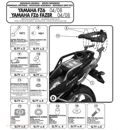 Suporturi și plăci - KAPPA - suport top case YAMAHA FZ6 > FZS 600 FAZER (04-06), FZ6 S2 > FZ6 600 FAZER S2 (07-11) (fără placă) - PATRZ OPIS DODATKOWY