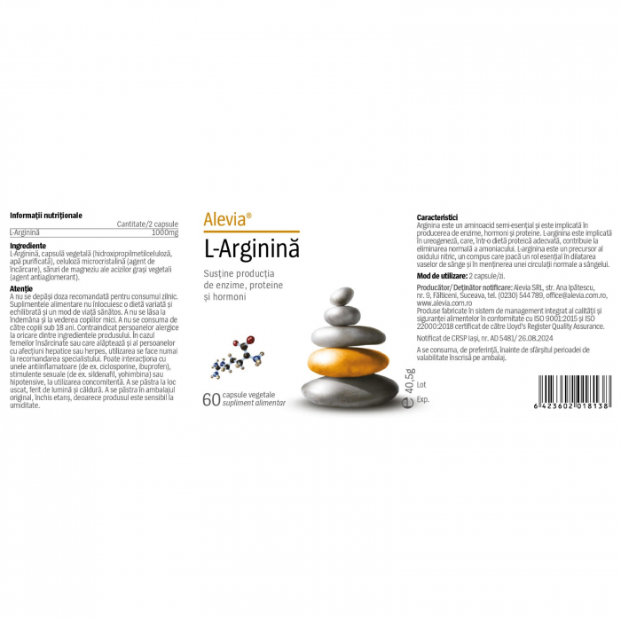 L-Arginina 500mg, 60 capsule vegetale, Alevia [2]
