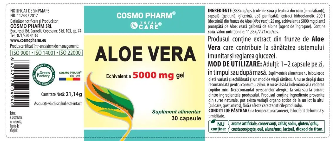 Aloe Vera – Echivalent 5000 mg Gel, 30 capsule, cosmo pharm [4]
