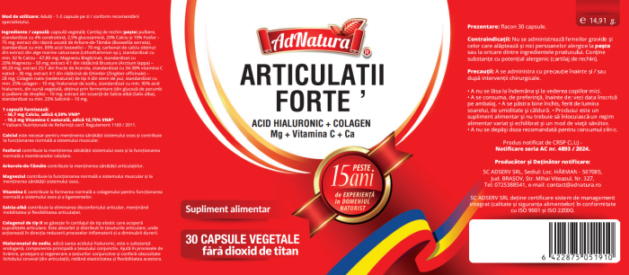 ARTICULATII FORTE – ACID HIALURONIC + COLAGEN + Mg + Vitamina C + Ca, AdNatura la Nana Plafar [3]