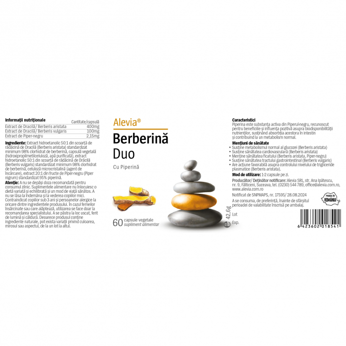 BERBERINA Duo cu Piperina 400mg, 60 capsule vegetale, Alevia [2]
