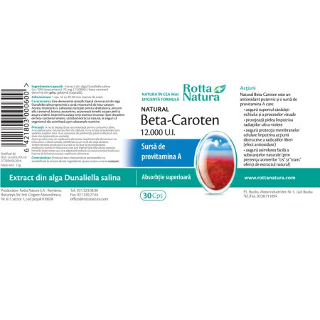 Betacaroten natural, 12000 UI, 30 capsule, Rotta Natura [2]