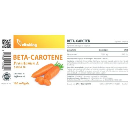 Betacaroten natural, 25000 UI, 100 capsule gelatinoase, Vitaking [2]