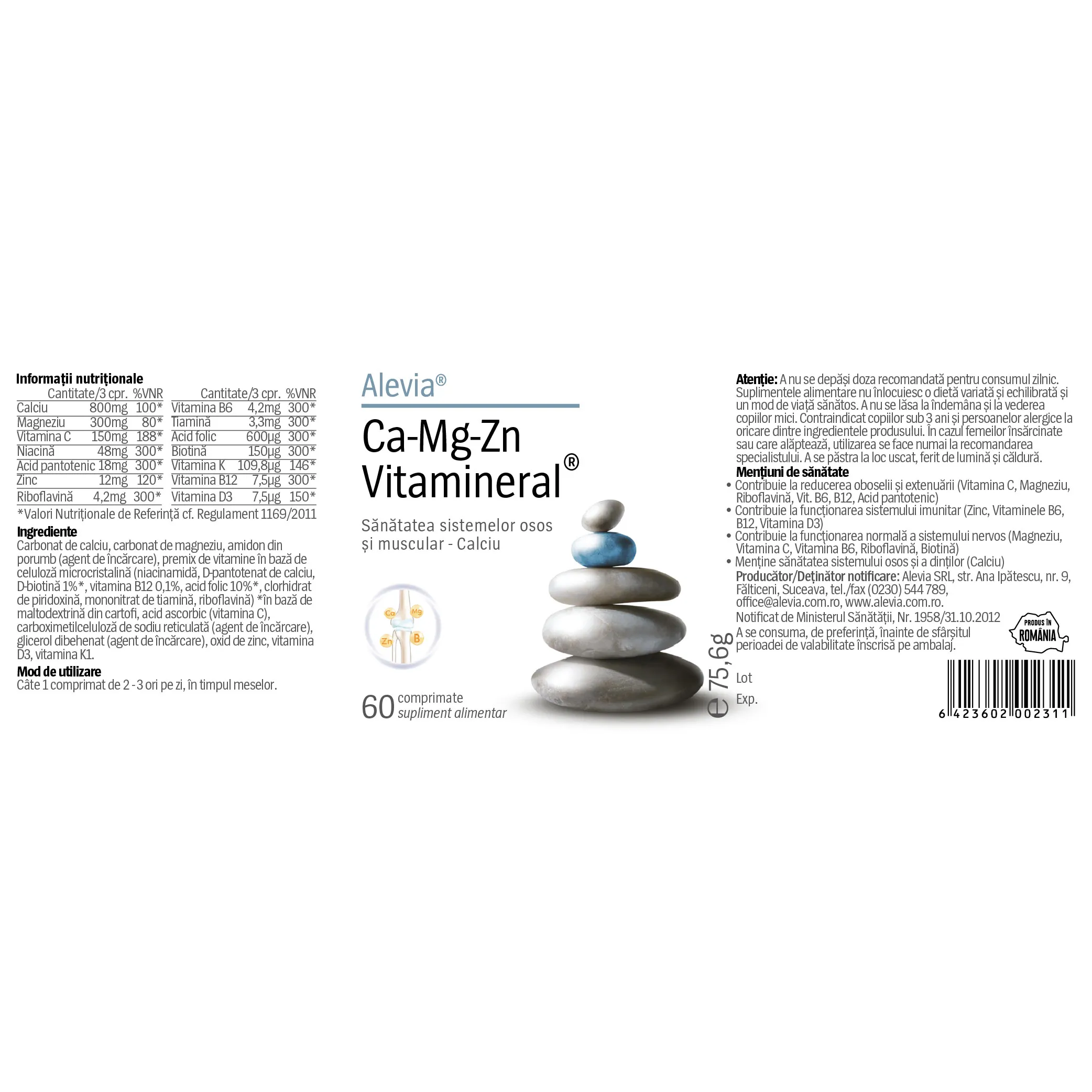 Ca-Mg-Zn Vitamineral, 60 comprimate, Alevia la Nana Plafar [2]