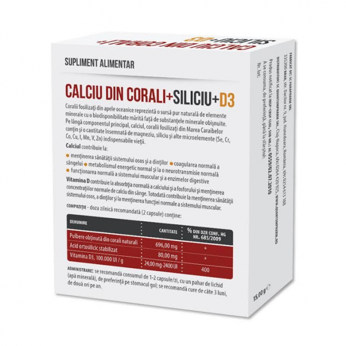 CALCIU din CORALI+SILICIU+D3, 30 capsule, Parapharm [2]