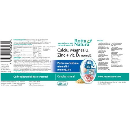 CALCIU MAGNEZIU ZINC+VIT D2 NATURALA, 30 capsule, Rotta Natura [2]