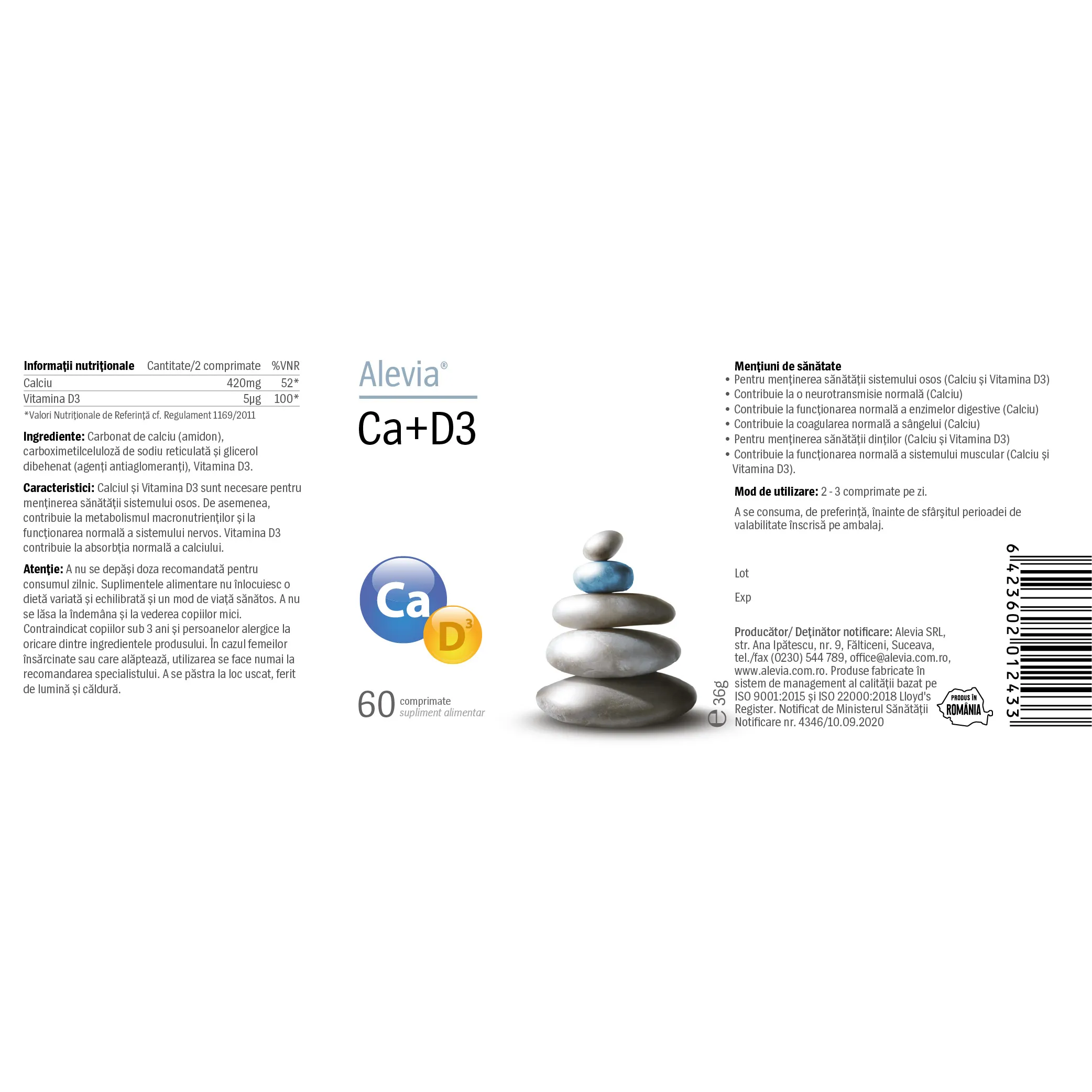 Calciu vitamina D3, 60 comprimate, Alevia [2]