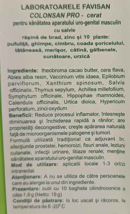 COLONSAN PRO CERAT (pentru barbati) 10 supozitoare, Favisan [2]