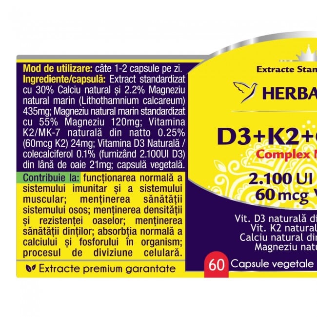 Complex natural D3+K2+Ca+Mg, capsule vegetale, Herbagetica la Nana Plafar [3]
