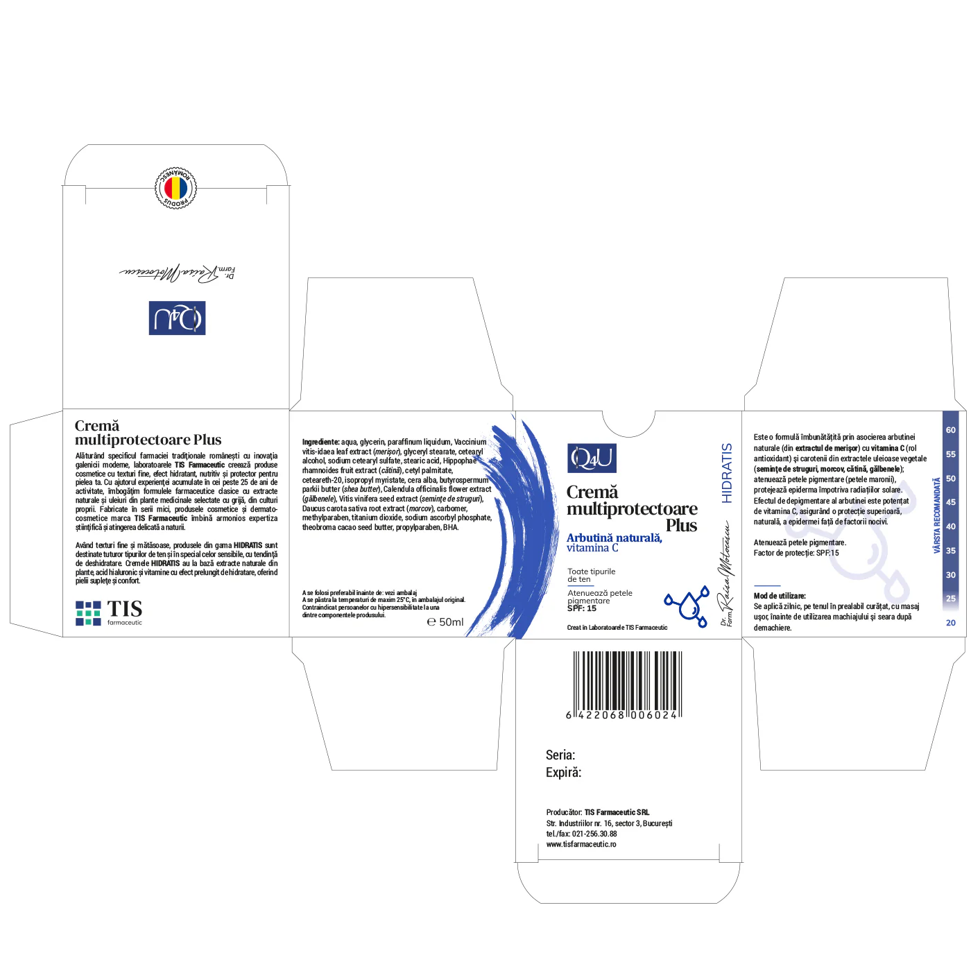 Crema Multiprotectoare plus, Arbutina Naturala, Vit C, 50ml, Tis Farmaceutic [2]