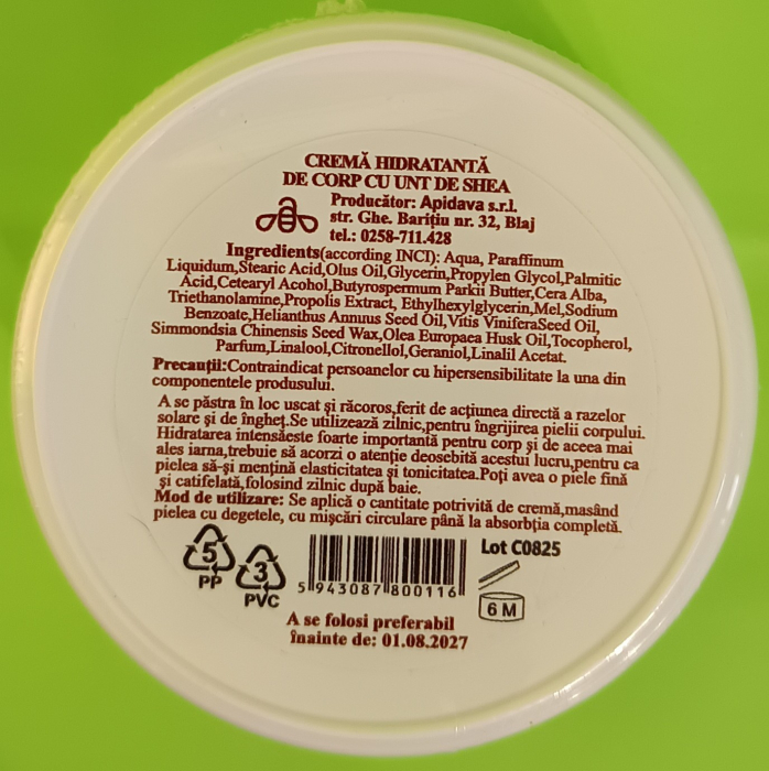 Crema hidratanta de corp cu Unt de Shea, Miere, Ceara de albine, Propolis, 200ml - APIDAVA  la Nana Plafar [2]