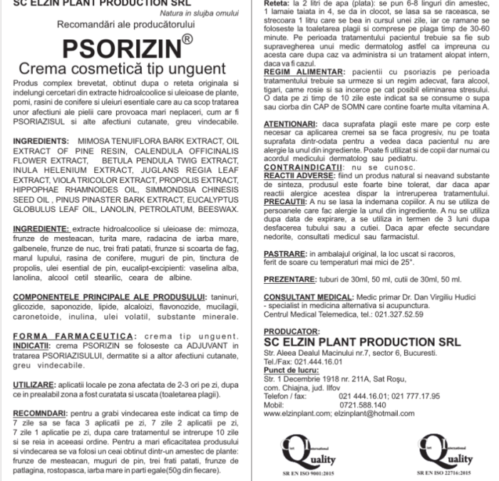 Crema ingrijire piele PSORIZIN, 50 ML - ELZINPLANT la Nana Plafar [2]