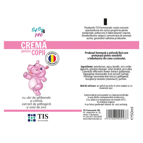 CREMA pentru COPII BABY4YOU cu ulei galbenele, catina 50ML, TIS Farmaceutic [2]