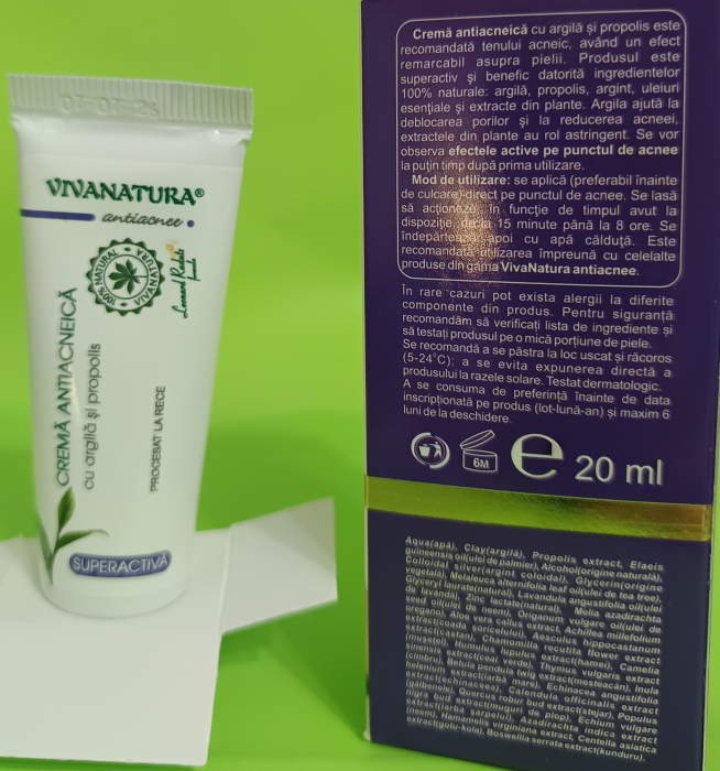 Crema SUPERACTIVA Antiacneica cu Argila şi Propolis, 100% natural, 20 ml, VivaNatura [2]