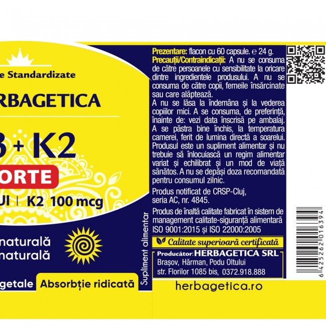 D3 + K2 Forte capsule vegetale Herbagetica la Nana Plafar [3]